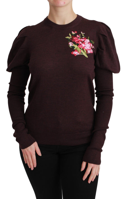 Dolce & Gabbana Maroon Floral Embroidered Virgin Wool Sweater