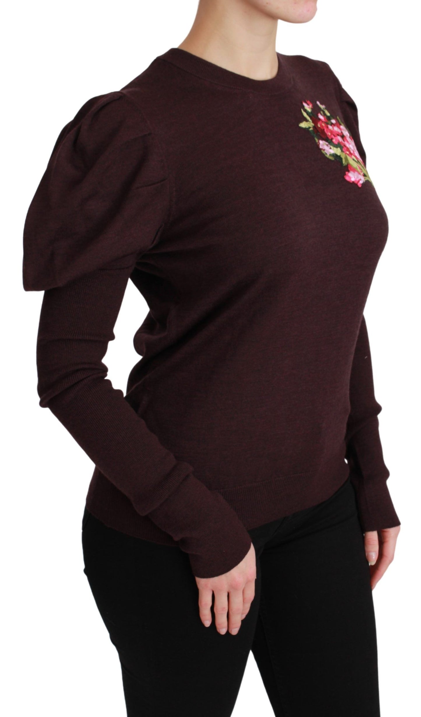 Dolce & Gabbana Maroon Floral Embroidered Virgin Wool Sweater