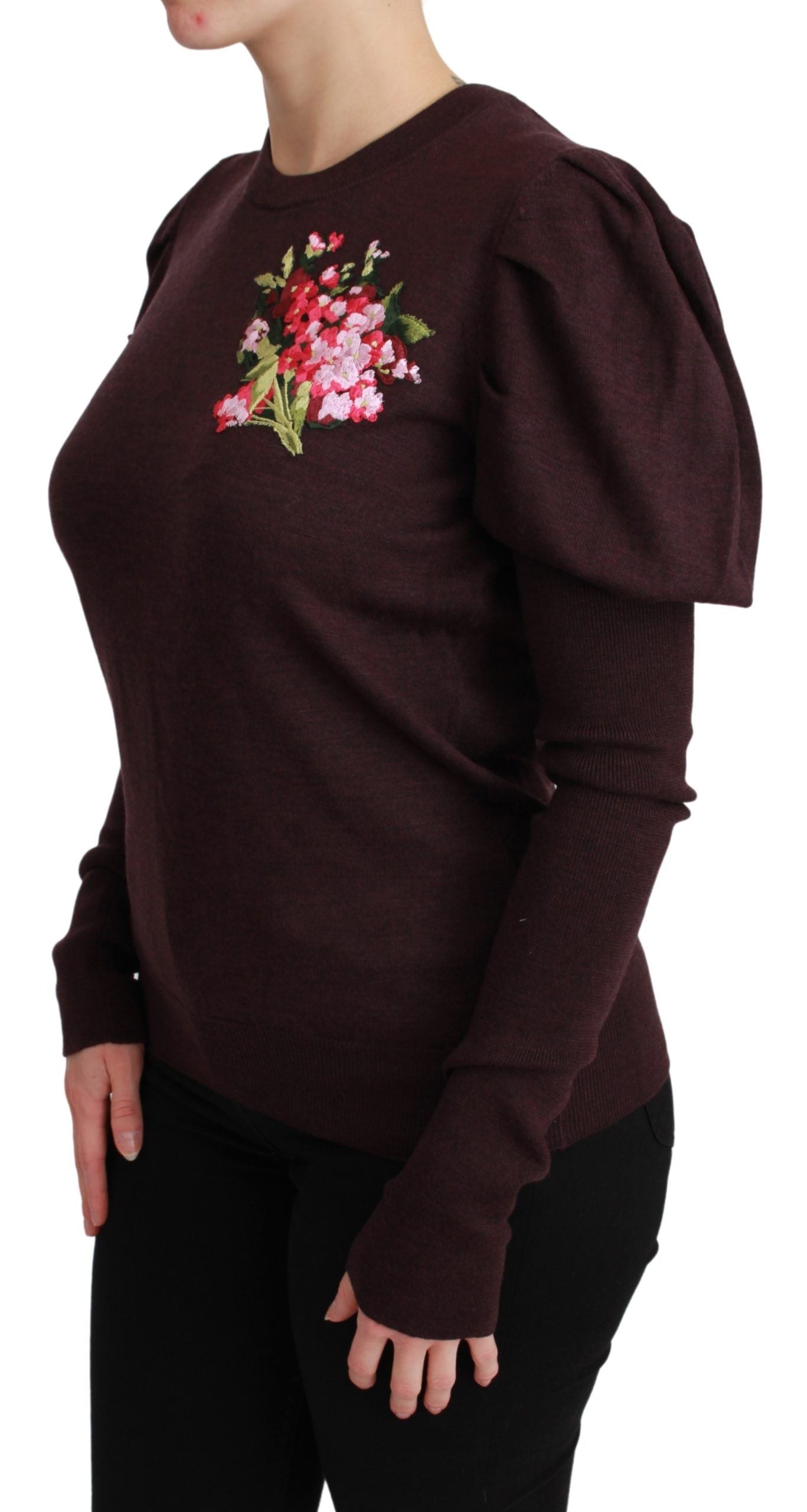 Dolce & Gabbana Maroon Floral Embroidered Virgin Wool Sweater