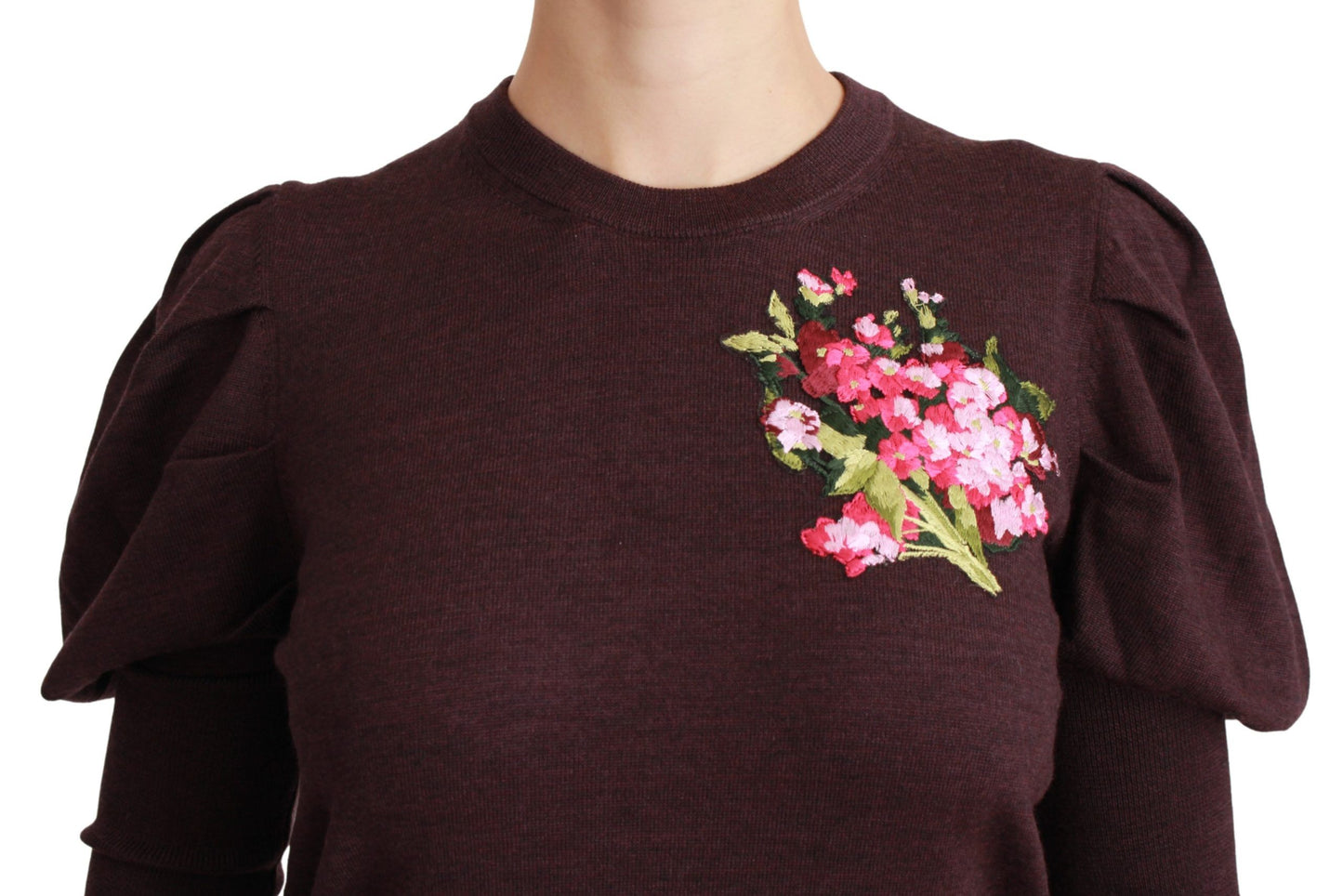 Dolce & Gabbana Maroon Floral Embroidered Virgin Wool Sweater