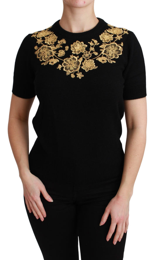 Dolce & Gabbana Elegant Cashmere Sweater with Gold Lace Embroidery