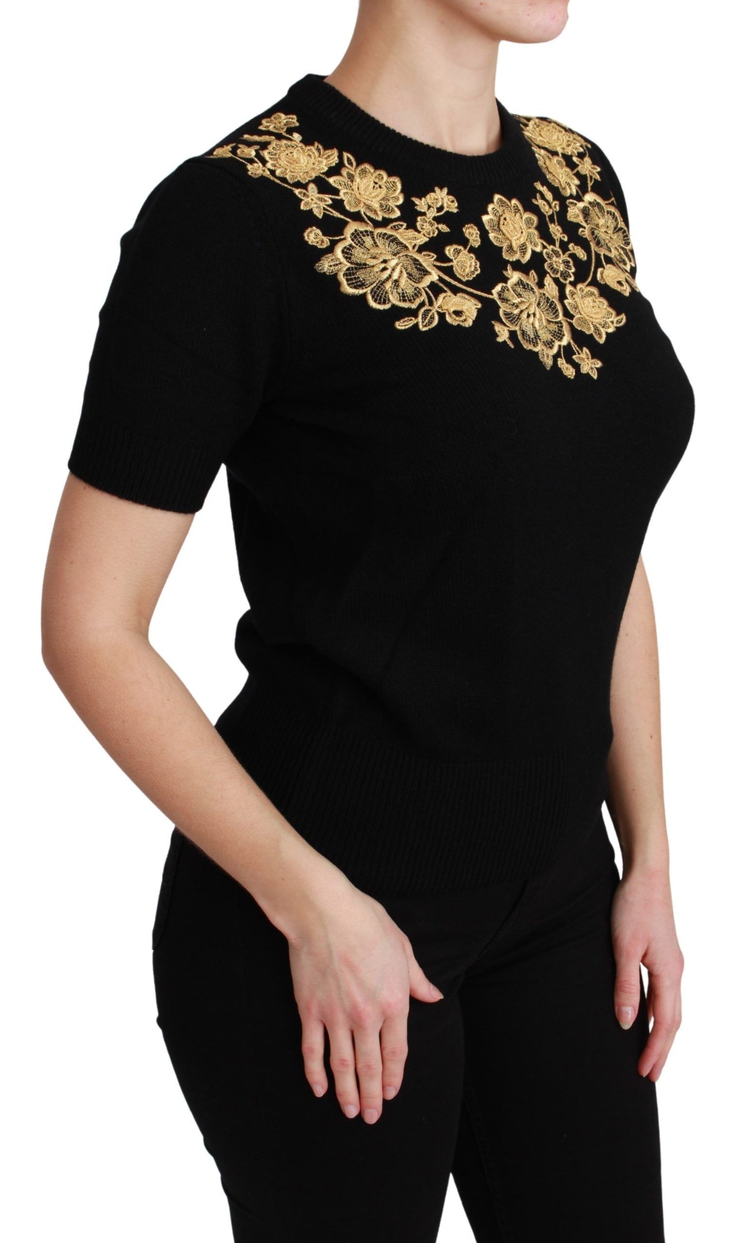 Dolce & Gabbana Elegant Cashmere Sweater with Gold Lace Embroidery