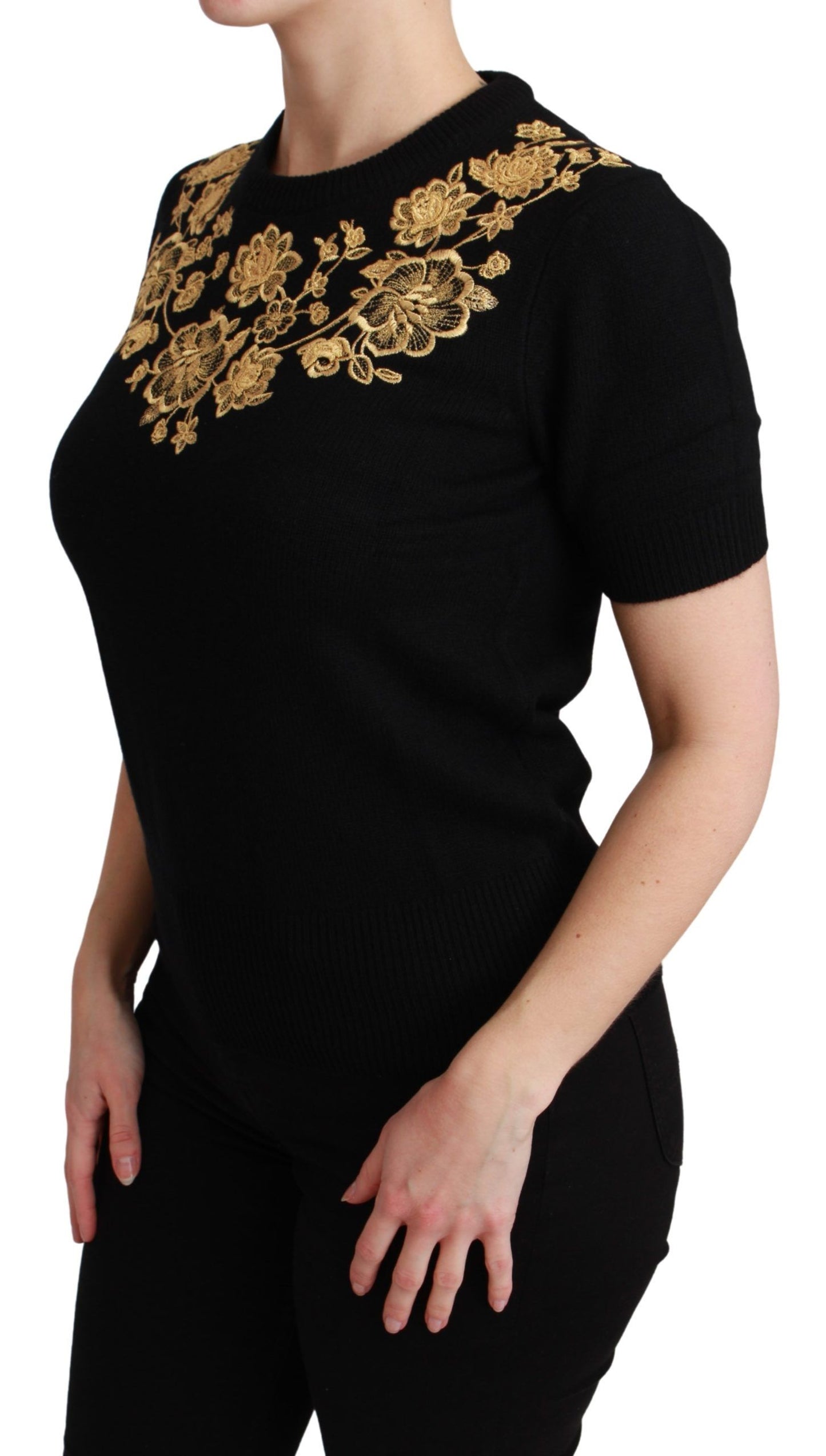 Dolce & Gabbana Elegant Cashmere Sweater with Gold Lace Embroidery