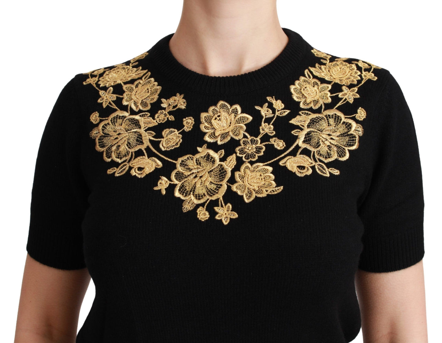 Dolce & Gabbana Elegant Cashmere Sweater with Gold Lace Embroidery