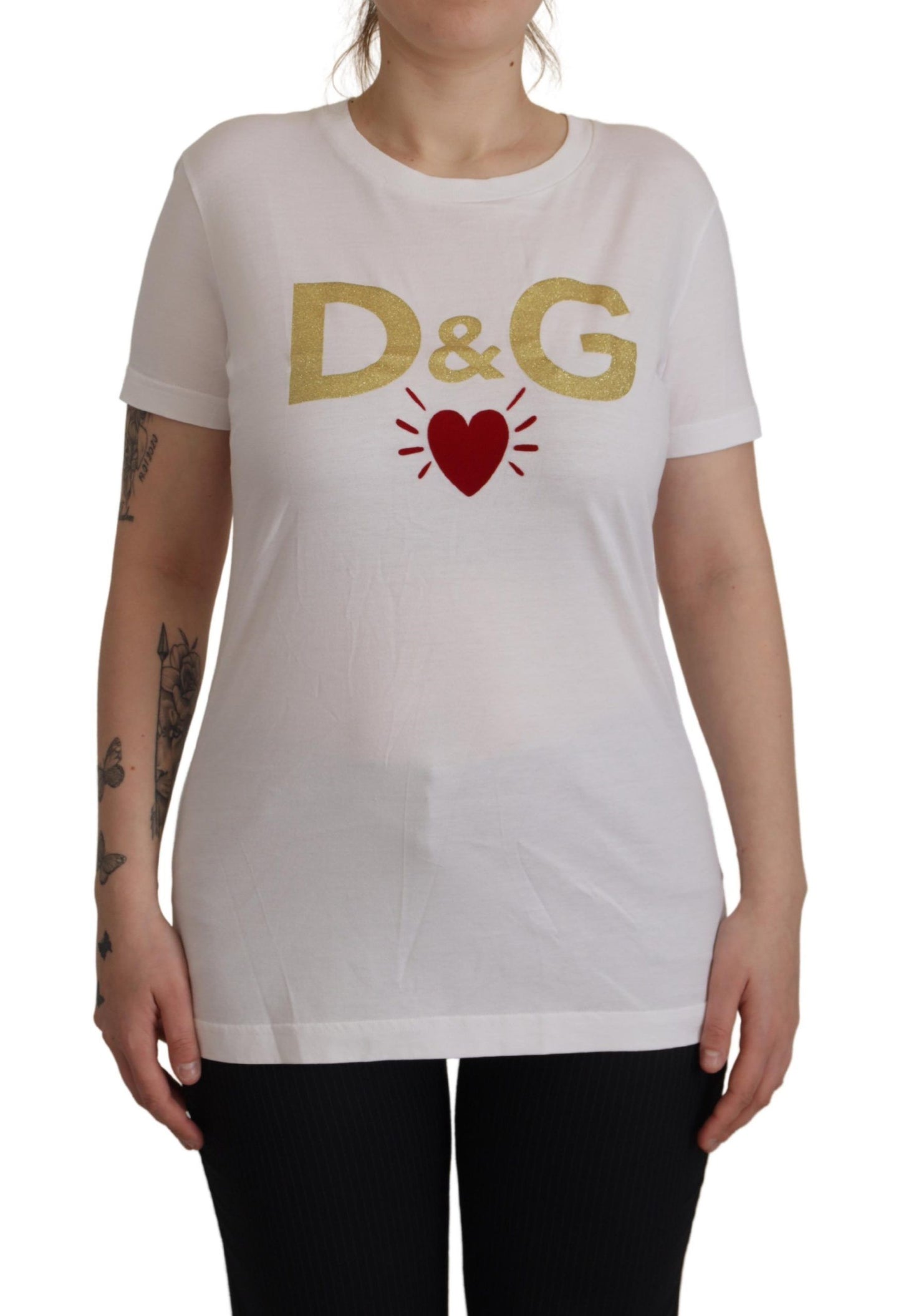 Dolce & Gabbana Chic White Cotton Round Neck Tee with Heart Motif