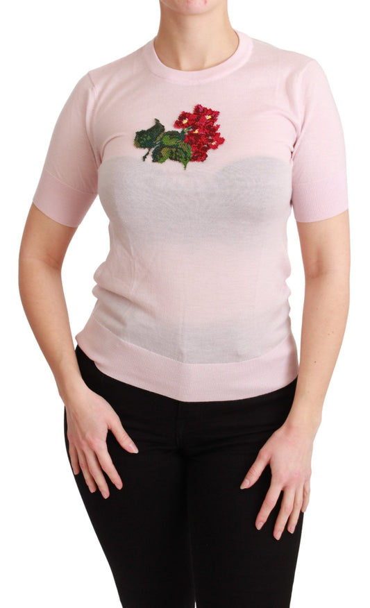 Dolce & Gabbana Cashmere Floral Embroidered Short Sleeve Top