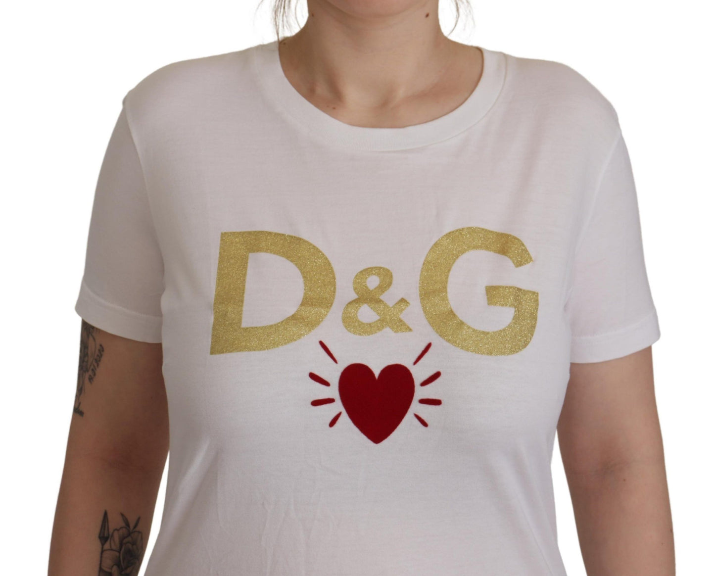 Dolce & Gabbana Chic White Cotton Round Neck Tee with Heart Motif