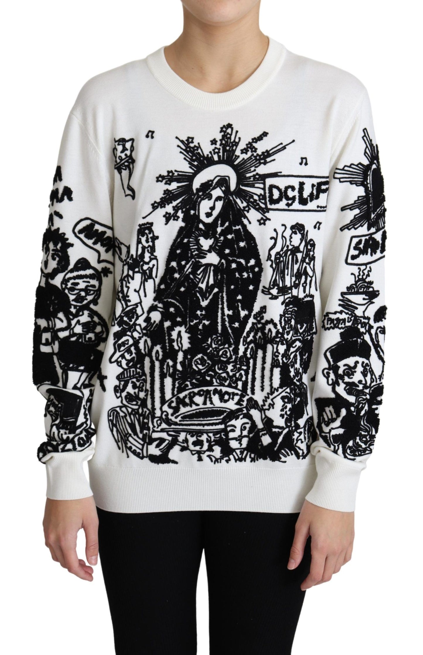 Dolce & Gabbana White Wool Graffiti Embroidery Pullover Sweater