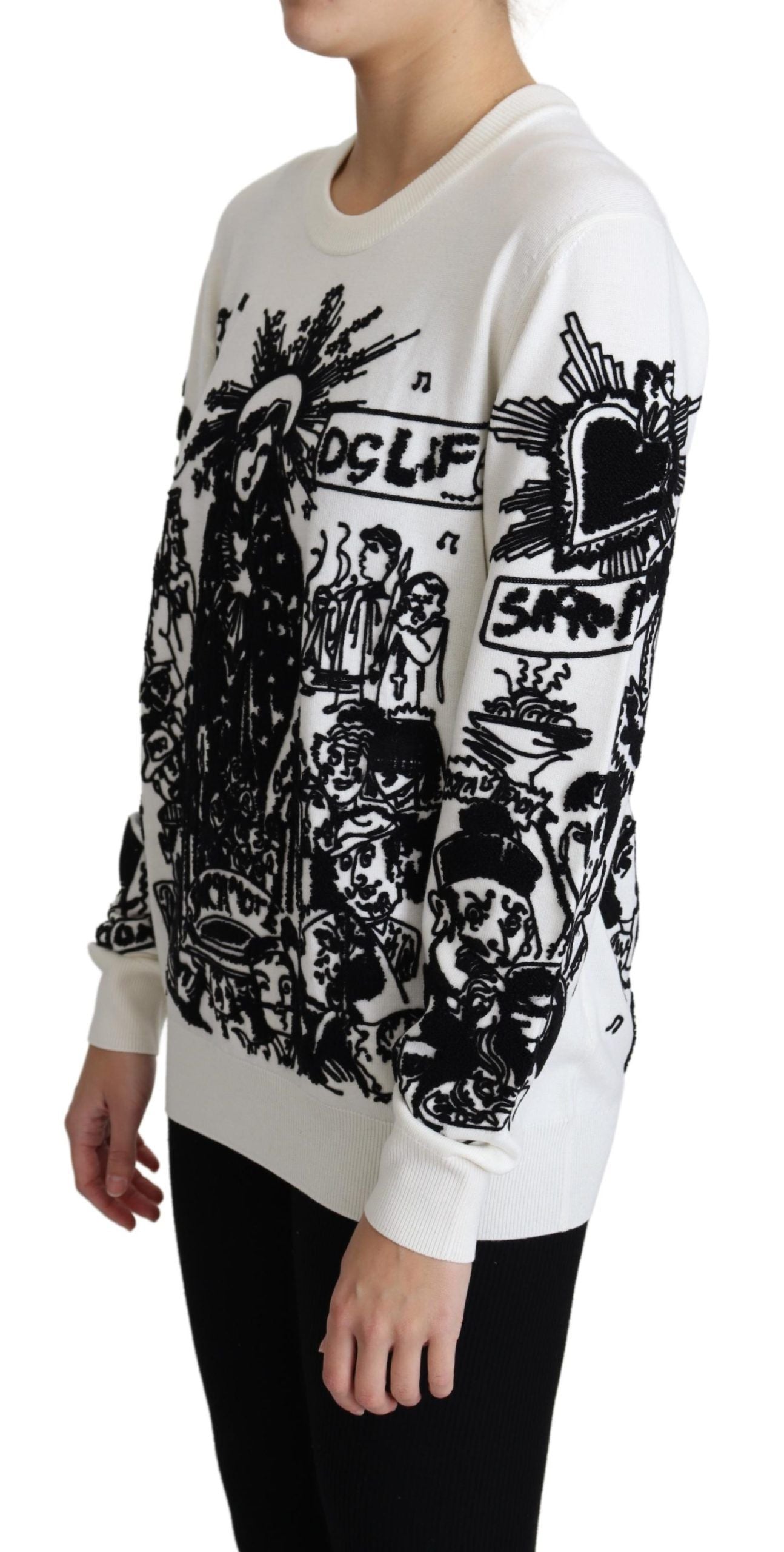 Dolce & Gabbana White Wool Graffiti Embroidery Pullover Sweater