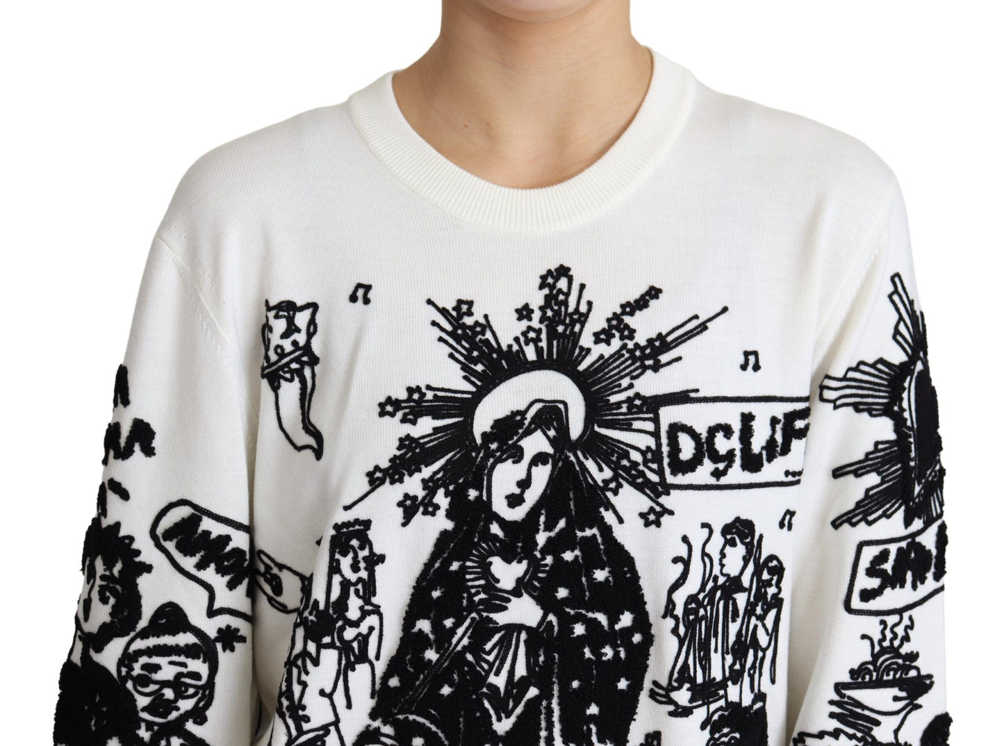 Dolce & Gabbana White Wool Graffiti Embroidery Pullover Sweater