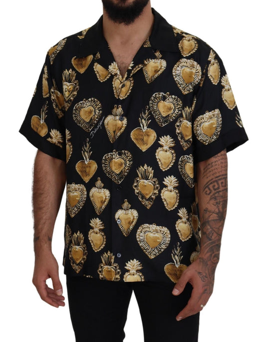 Dolce & Gabbana Elegant Silk Pajama Look Shirt with Gold Hearts