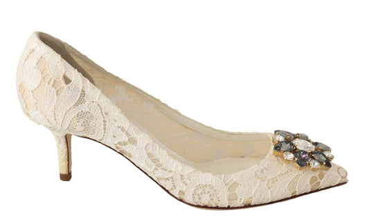 Dolce & Gabbana Elegant White Lace Heels with Crystal Embellishment