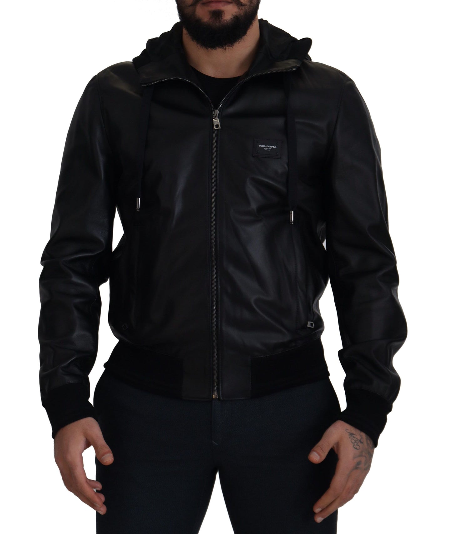 Dolce & Gabbana Sleek Black Leather Hooded Bomber Jacket