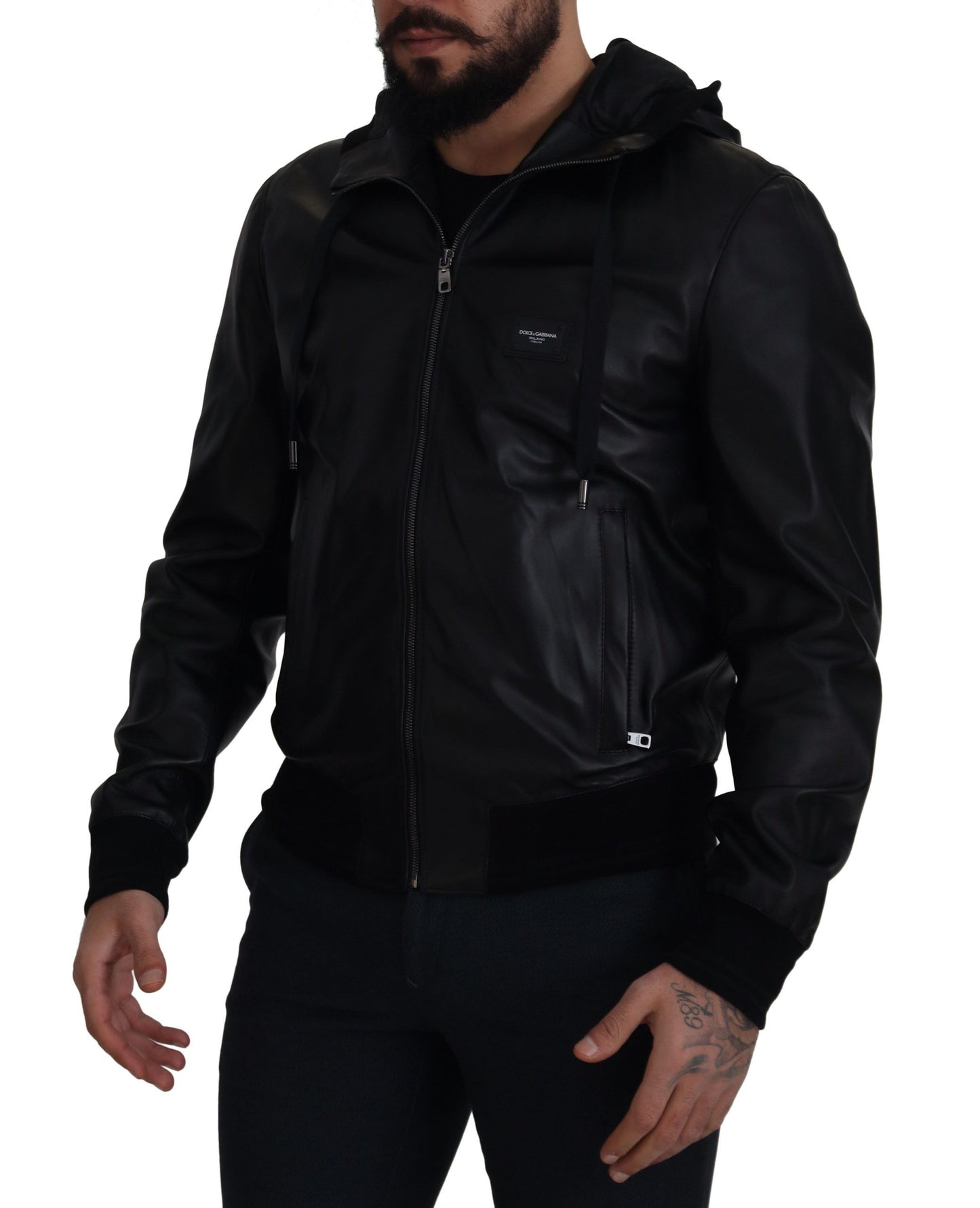 Dolce & Gabbana Sleek Black Leather Hooded Bomber Jacket