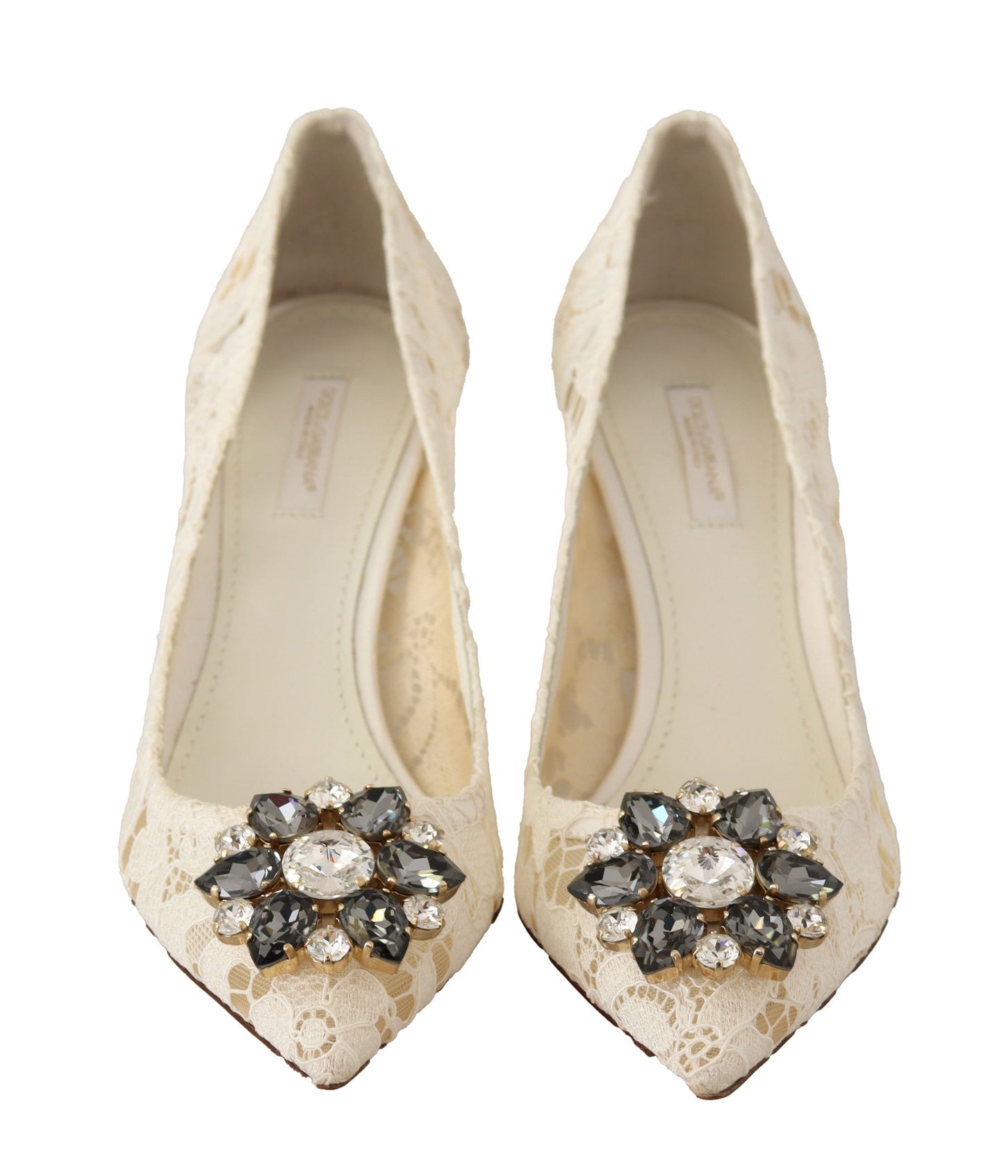 Dolce & Gabbana Elegant White Lace Heels with Crystal Embellishment