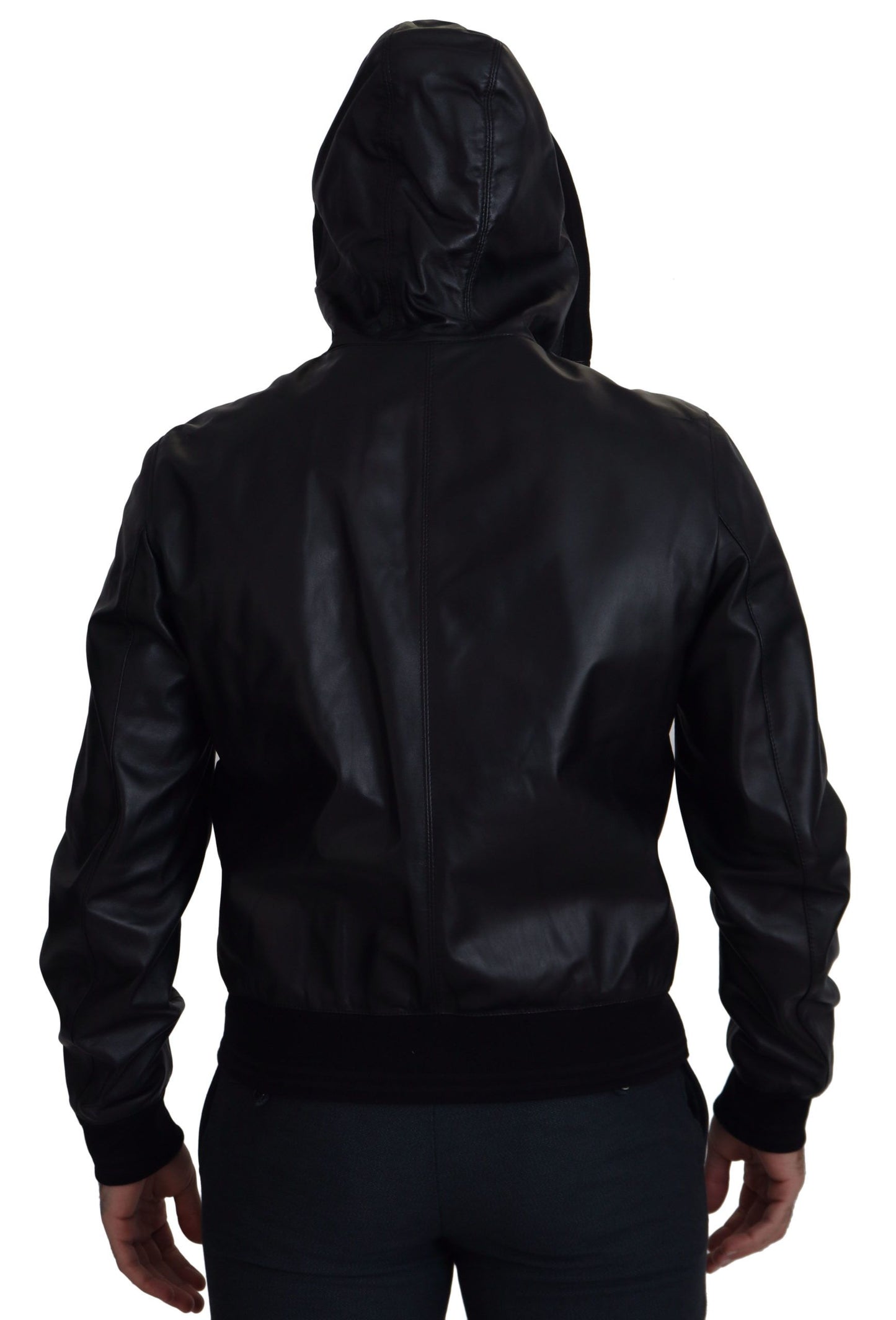 Dolce & Gabbana Sleek Black Leather Hooded Bomber Jacket