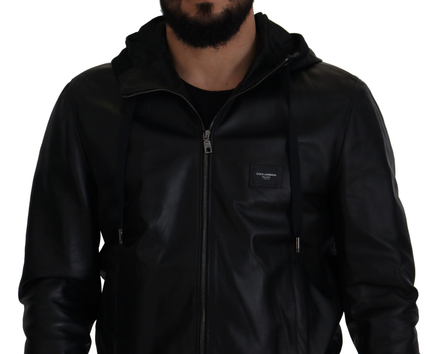 Dolce & Gabbana Sleek Black Leather Hooded Bomber Jacket