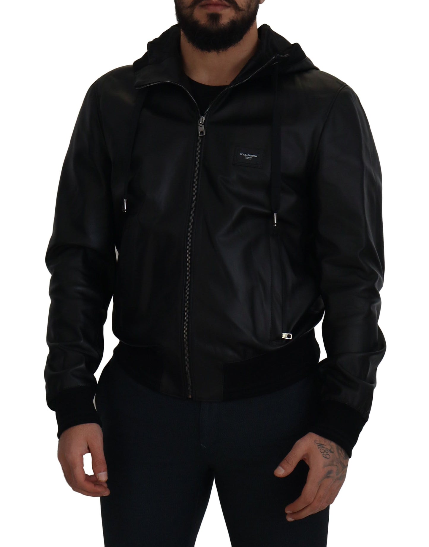 Dolce & Gabbana Sleek Black Leather Hooded Bomber Jacket