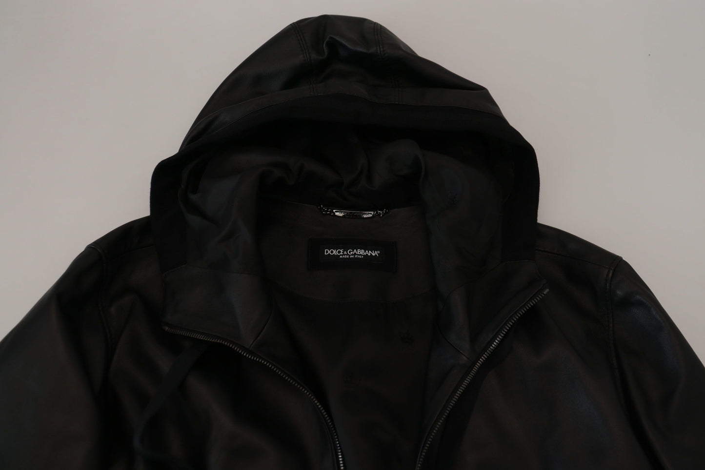 Dolce & Gabbana Sleek Black Leather Hooded Bomber Jacket