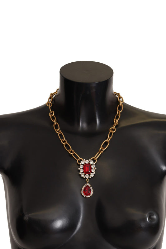 Dolce & Gabbana Gold Brass Chain Red Crystal Pendant Statement Necklace