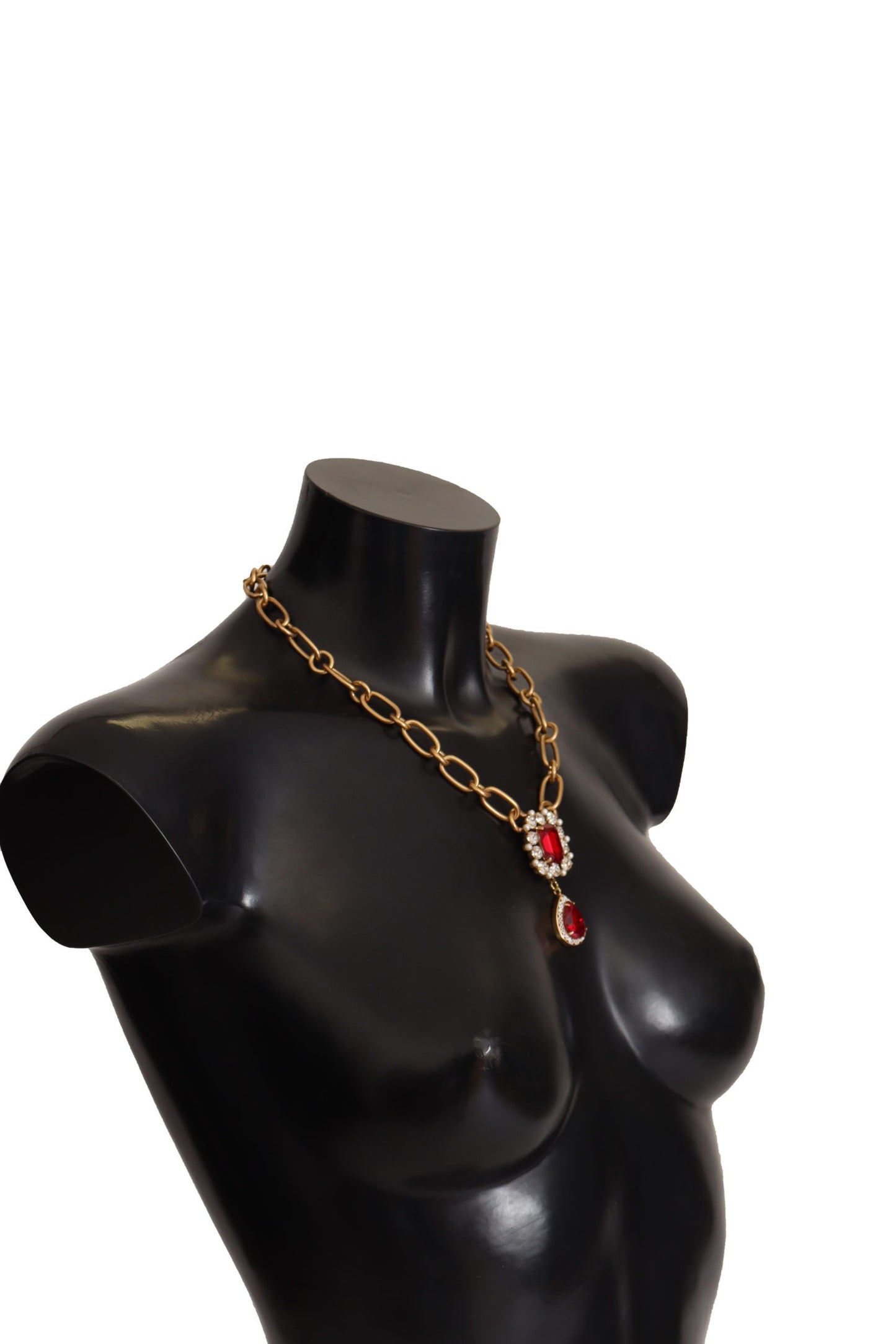 Dolce & Gabbana Gold Brass Chain Red Crystal Pendant Statement Necklace