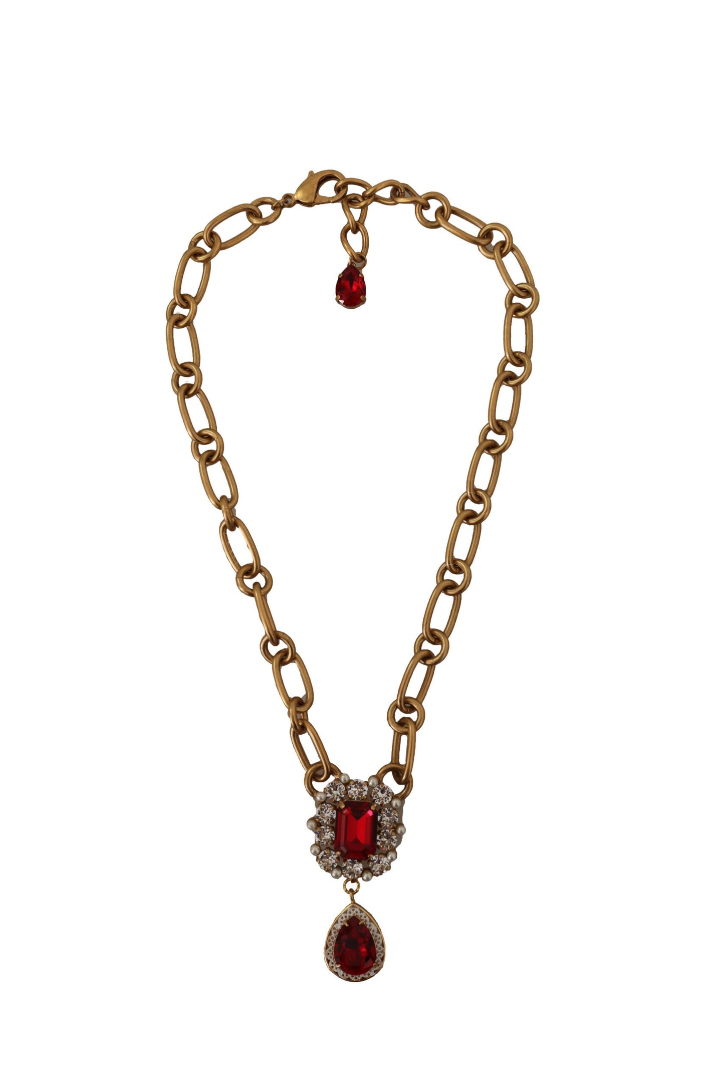 Dolce & Gabbana Gold Brass Chain Red Crystal Pendant Statement Necklace