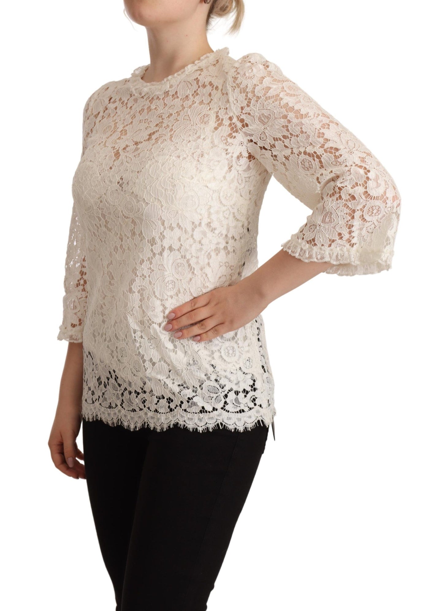 Dolce & Gabbana Elegant White Floral Lace Top with 3/4 Sleeves