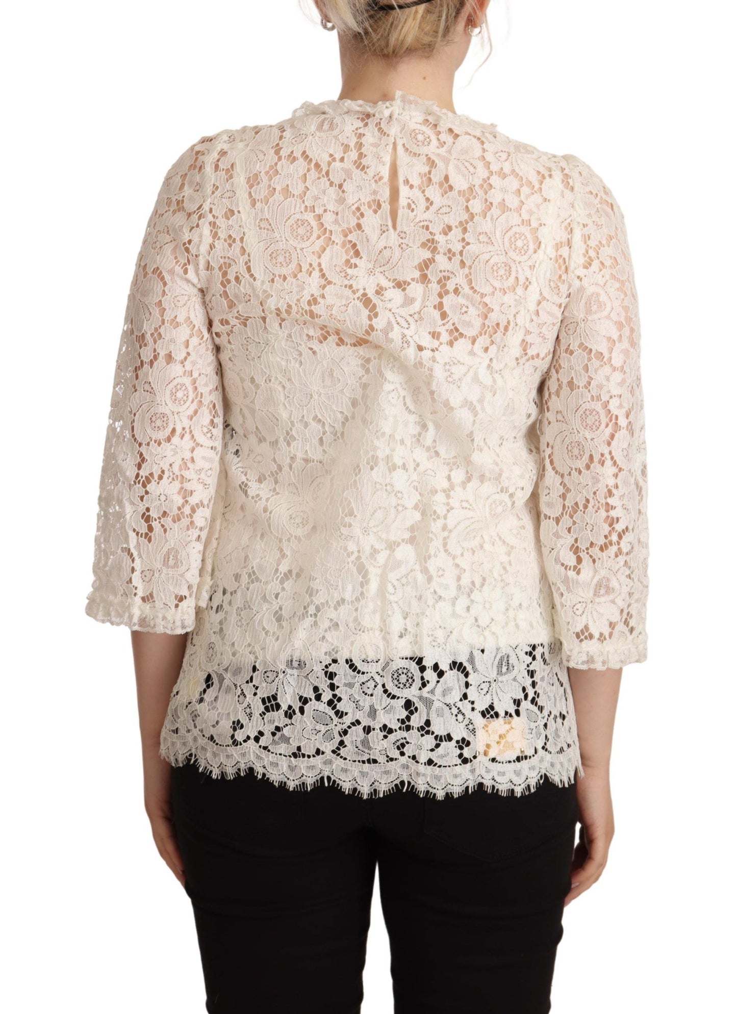 Dolce & Gabbana Elegant White Floral Lace Top with 3/4 Sleeves