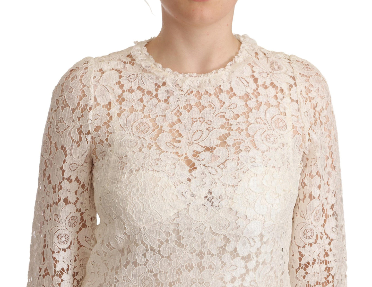 Dolce & Gabbana Elegant White Floral Lace Top with 3/4 Sleeves