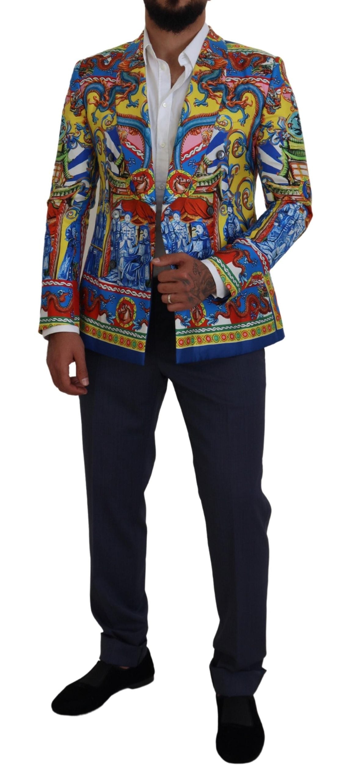 Dolce & Gabbana Multicolor Dragon Print Silk Slim Fit Blazer