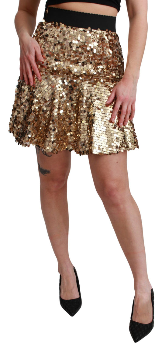 Dolce & Gabbana Gold Sequined High Waist A-Line Mini Skirt