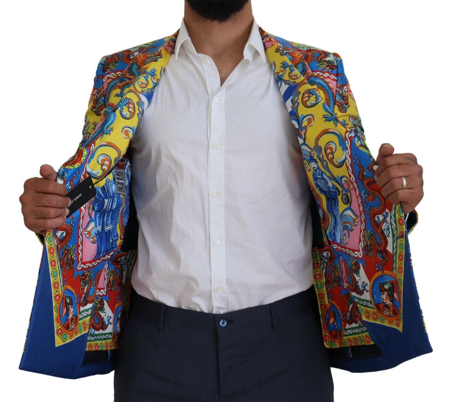 Dolce & Gabbana Multicolor Dragon Print Silk Slim Fit Blazer