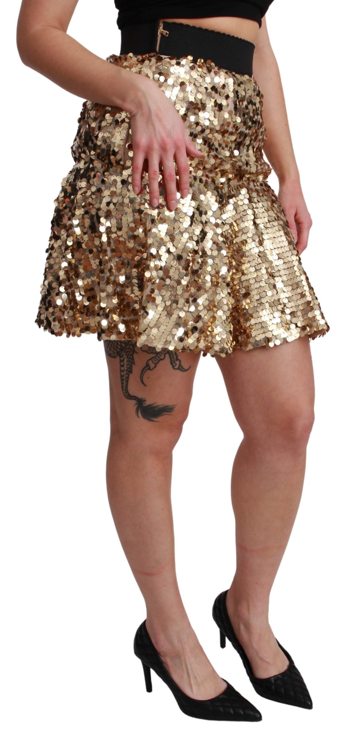 Dolce & Gabbana Gold Sequined High Waist A-Line Mini Skirt