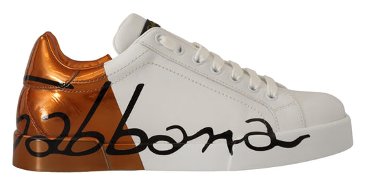 Dolce & Gabbana Elegant White and Orange Casual Sneakers