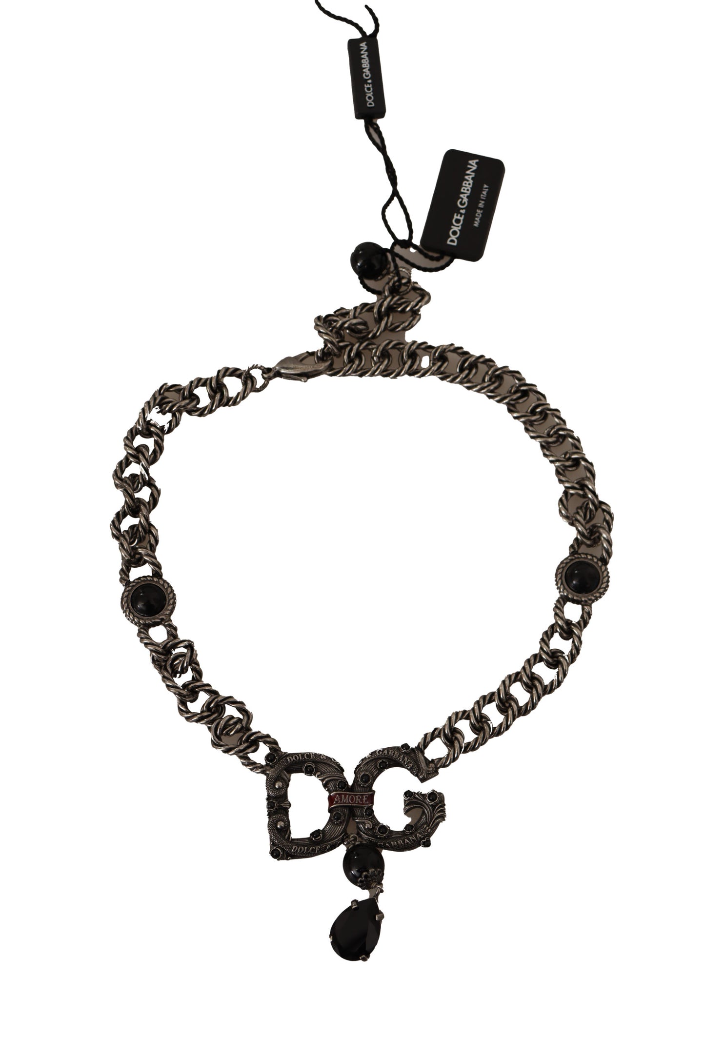 Dolce & Gabbana Elegant Silver Tone DG Crystal Charm Necklace