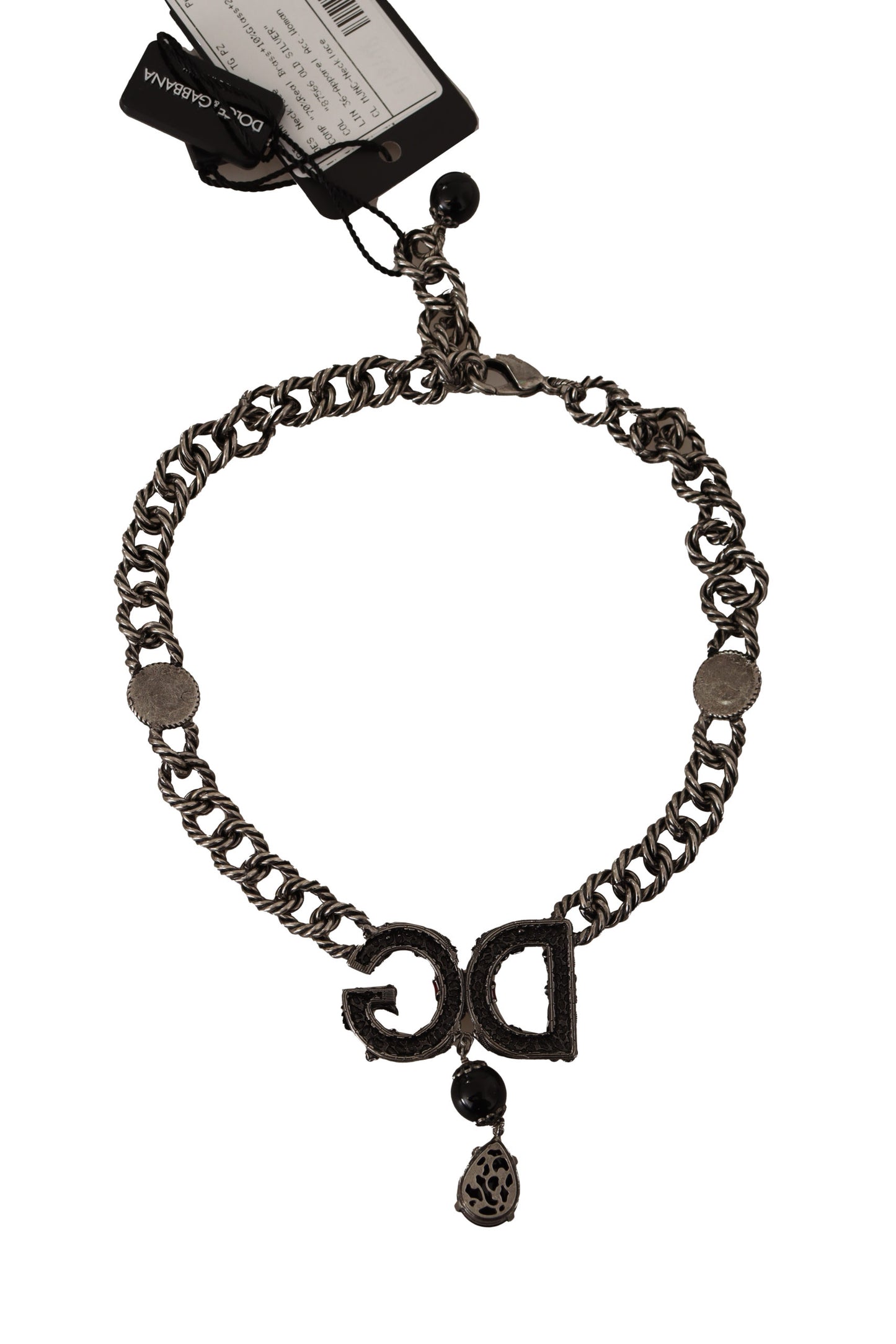 Dolce & Gabbana Elegant Silver Tone DG Crystal Charm Necklace