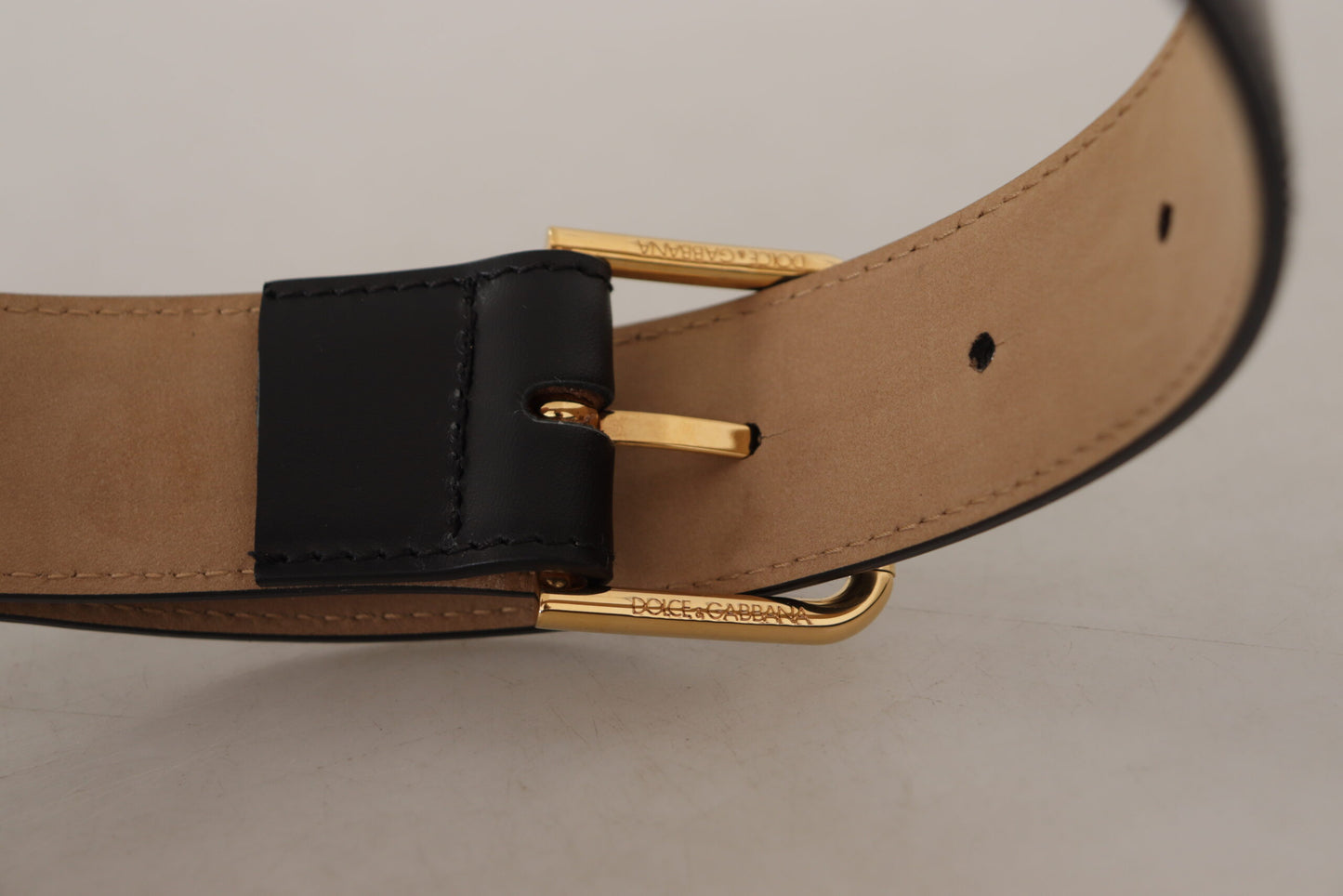 Dolce & Gabbana Elegant Black Leather Engraved Buckle Belt