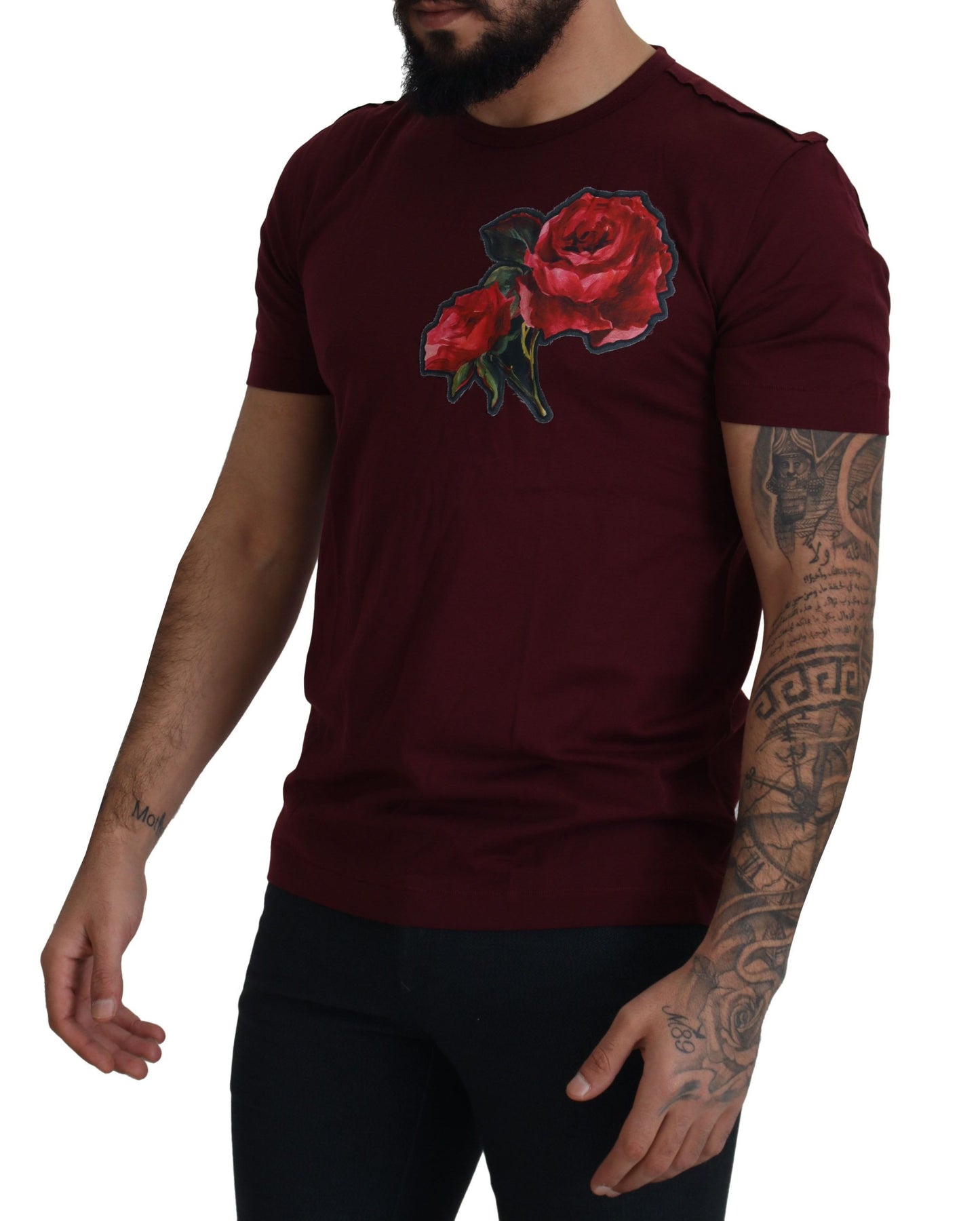 Dolce & Gabbana Bordeaux Roses Cotton Crewneck T-shirt