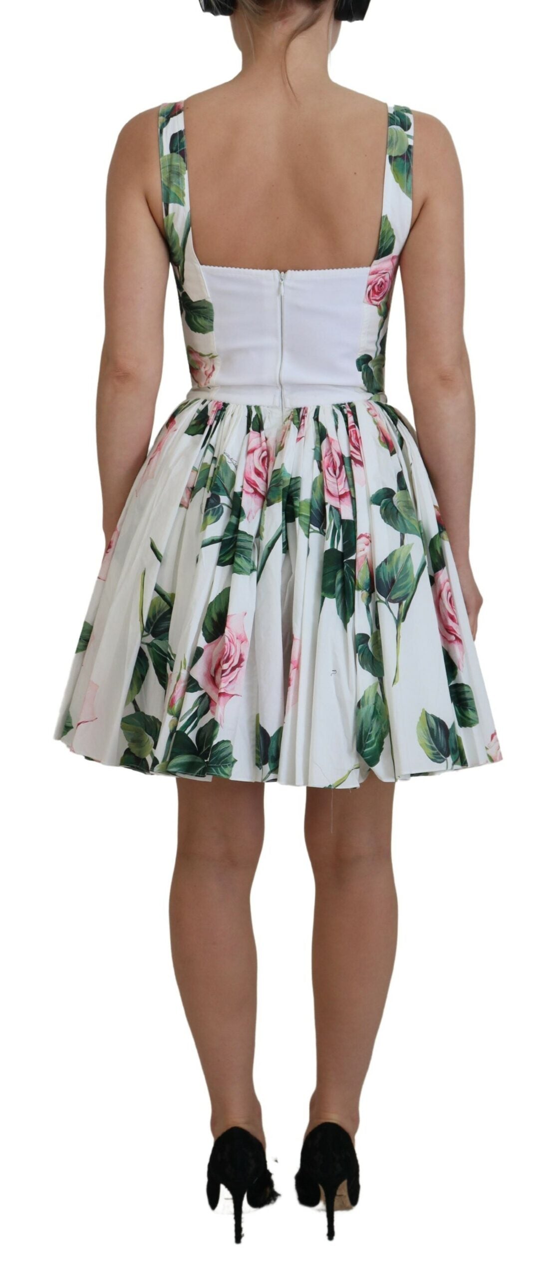 Dolce & Gabbana Elegant White Rose Print A-Line Mini Dress