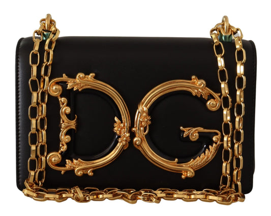 Dolce & Gabbana Elegant Black Leather Shoulder Purse with Gold Accents