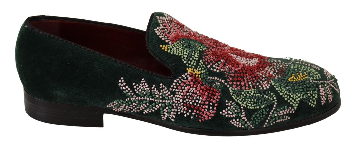 Dolce & Gabbana Emerald Velvet Embroidered Loafers