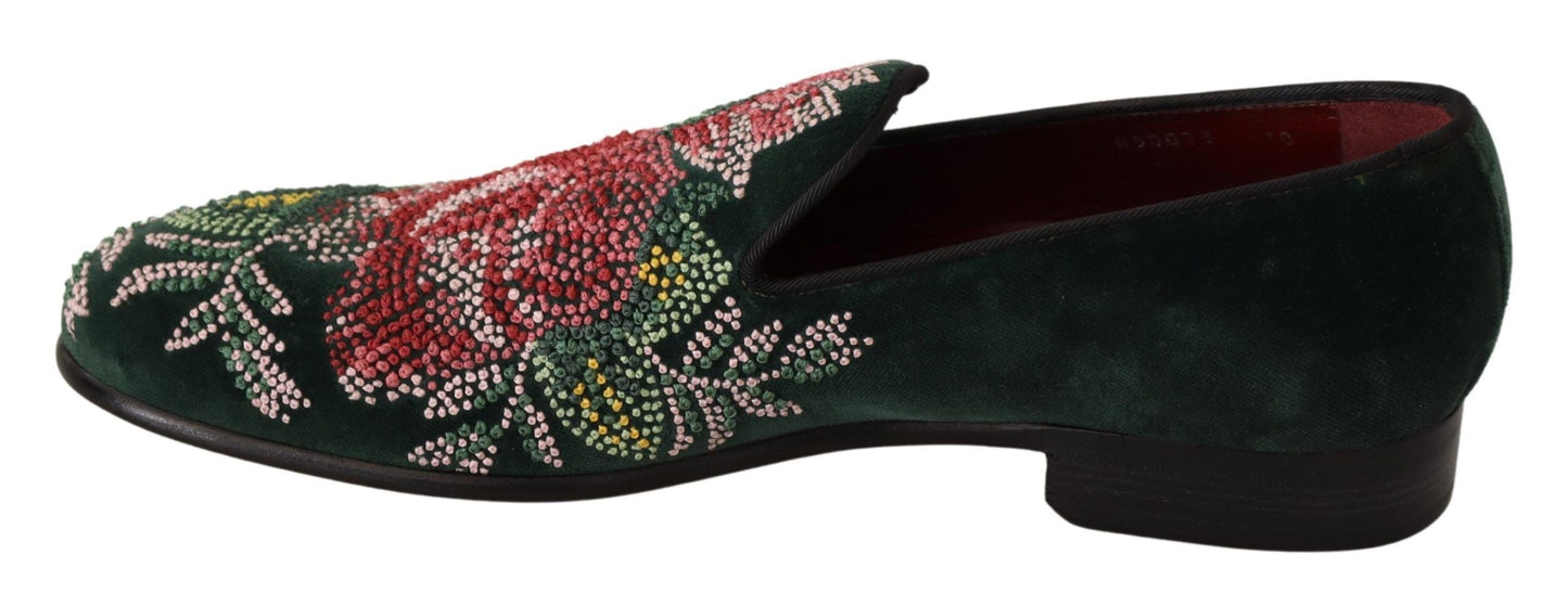 Dolce & Gabbana Emerald Velvet Embroidered Loafers