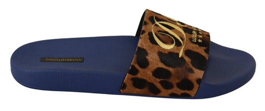 Dolce & Gabbana Blue Brown Leopard Logo Rubber Slides Slippers Shoes