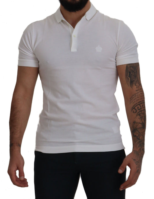 Dolce & Gabbana Elegant White Cotton Polo T-Shirt with Crown Embroidery