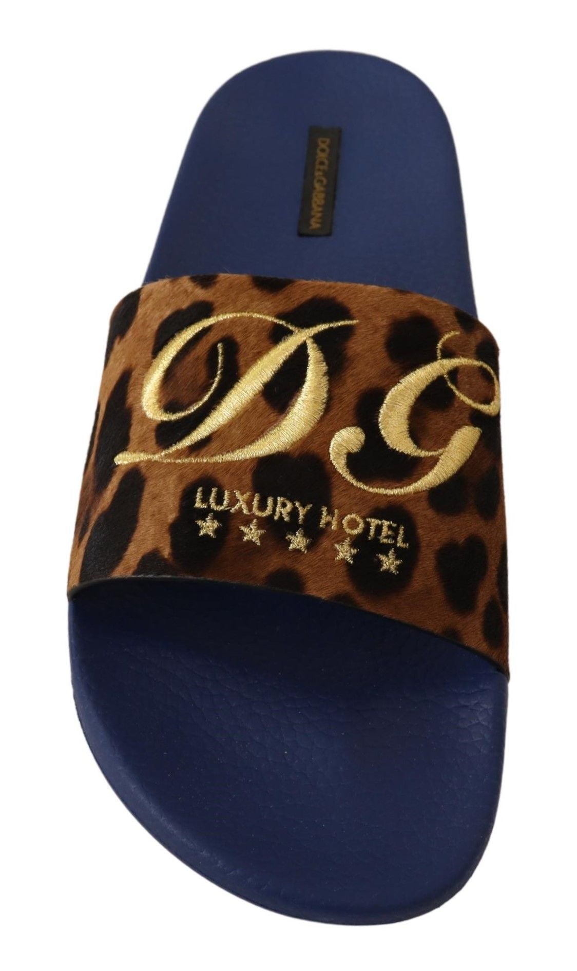 Dolce & Gabbana Blue Brown Leopard Logo Rubber Slides Slippers Shoes