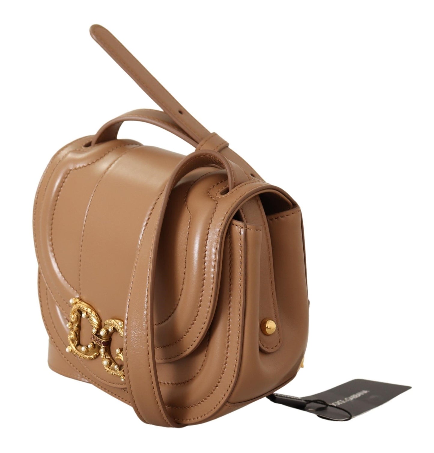 Dolce & Gabbana Elegant Beige Leather Shoulder Bag with Gold Detailing