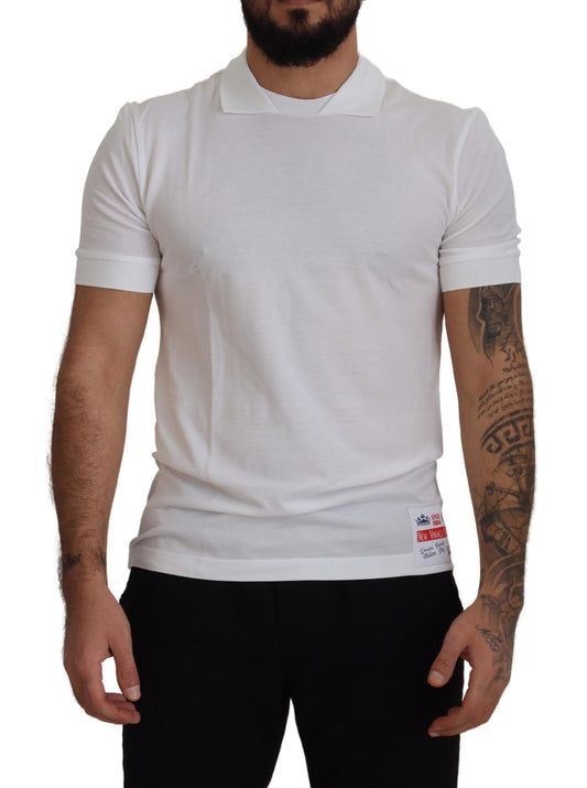 Dolce & Gabbana White Cotton Logo Patch Collared T-shirt