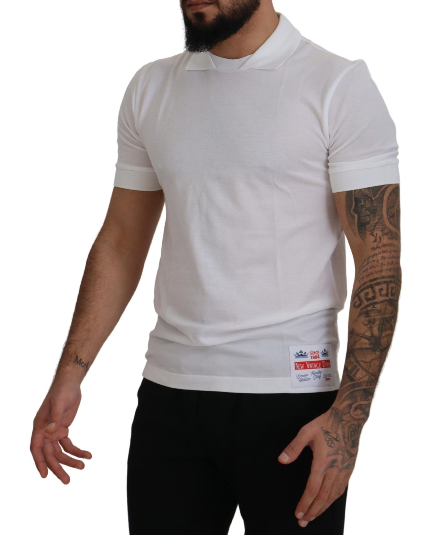 Dolce & Gabbana White Cotton Logo Patch Collared T-shirt