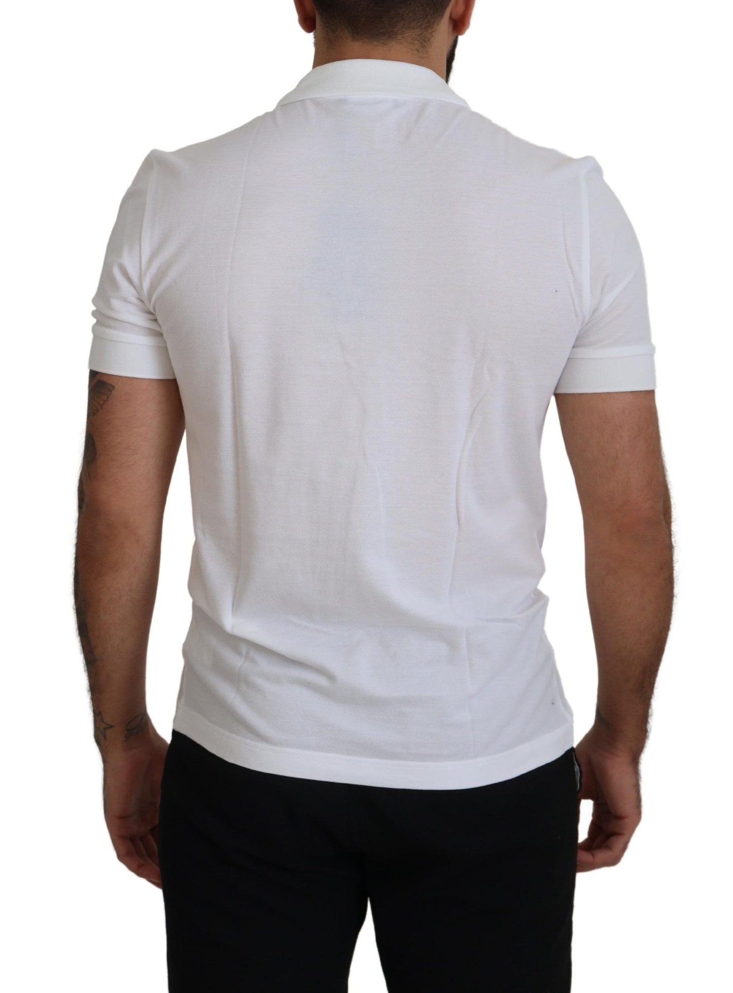 Dolce & Gabbana White Cotton Logo Patch Collared T-shirt