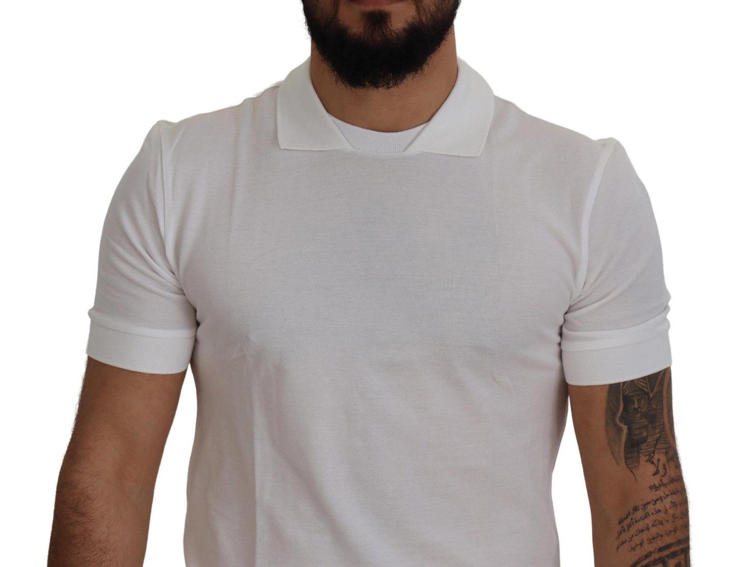 Dolce & Gabbana White Cotton Logo Patch Collared T-shirt